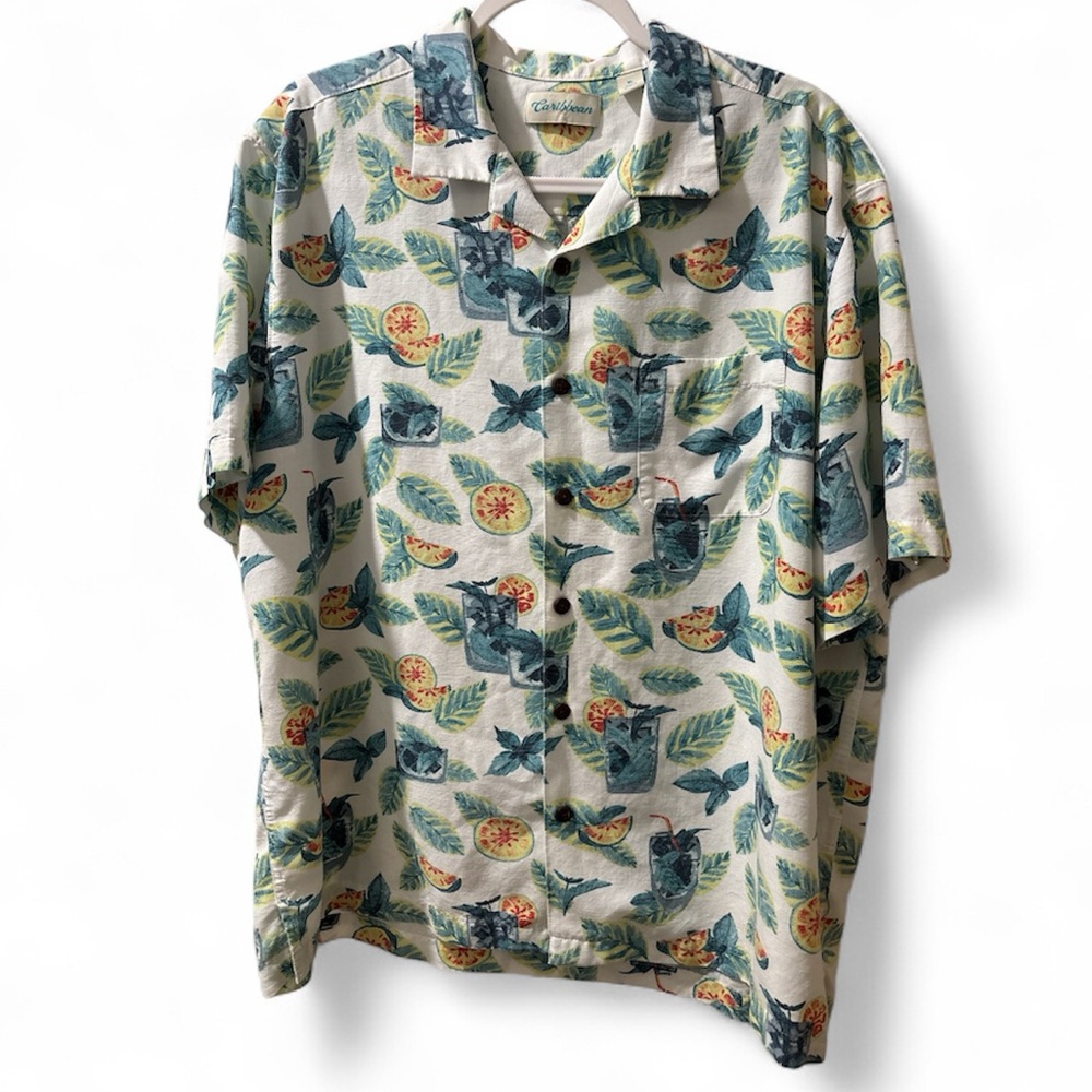 Caribbean Men Fruit Drink Print Camp Collar Short-Sleeve Woven Shirt, White, XL
